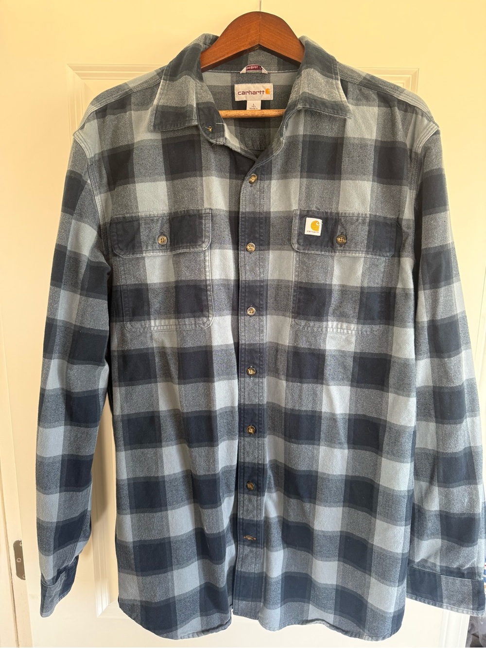 Carhartt Men's Navy and Light Blue Plaid Button-Down Shirt